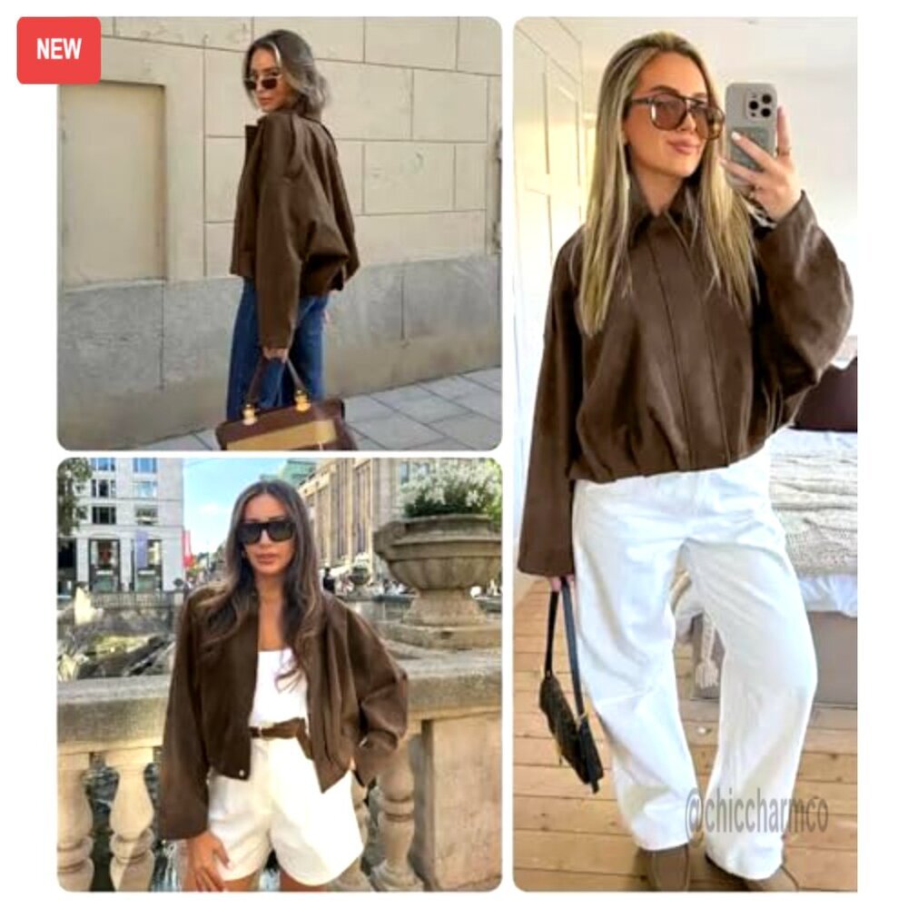 Faux Suede Bomber Jacket Oversized Cropped Lapel Motorcycle Style - Picture 5 of 7